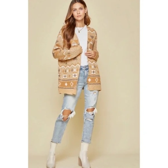 Taupe Gray Boho Aztec Open Cardigan Sweater - Picture 5 of 6